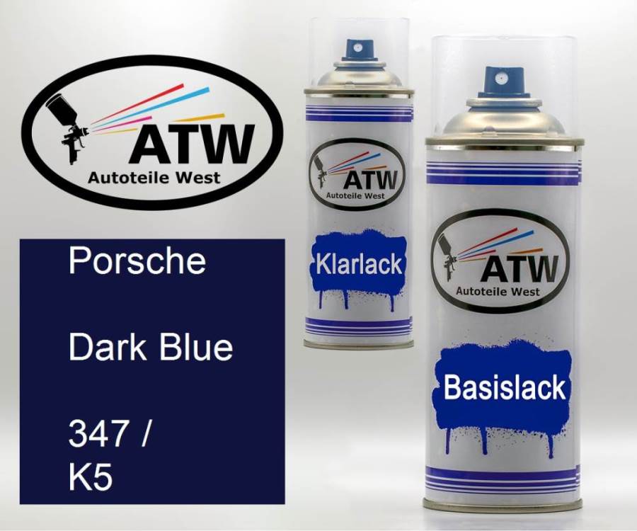 Porsche, Dark Blue, 347 / K5: 400ml Sprühdose + 400ml Klarlack - Set, von ATW Autoteile West.